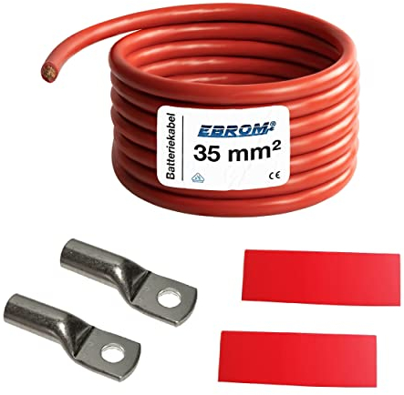 EBROM Batteriekabel „DIY SET PLUS Kabel ROT - 35 mm² von 30 cm bis 10 Meter, Ringösen Kabelschuhe M6/M8/M10/M12 kombinierbar, Ihre Auswahl: Vollkupfer Pluskabel 35 mm2, 380 cm Kabelschuh 2 x M10