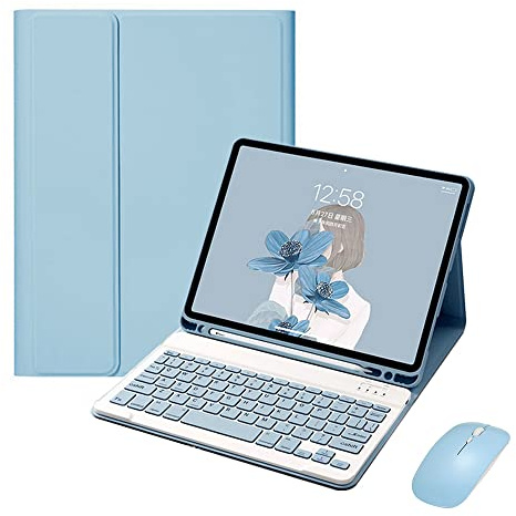 QYiiD Funda con Teclado para iPad Mini 5/ Mini 4, Funda Protectora Delgada - Teclado en Español y ratón inalambrico Desmontable para iPad Mini 5 2019(5th Gen)/ iPad Mini 4 2015, Azul