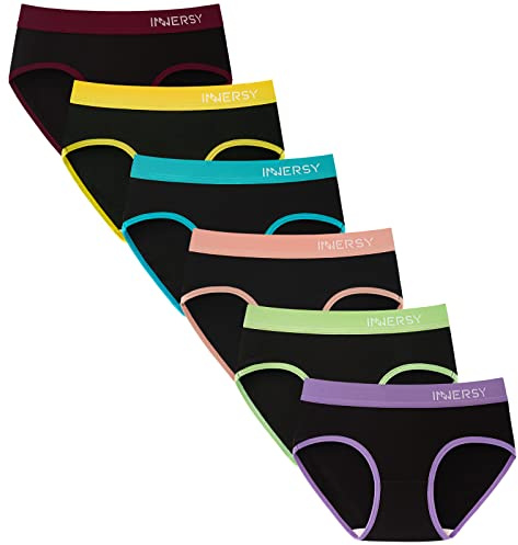INNERSY Mutande Ragazza 14 Anni Cotone Nero Slip Bambina Vita Media 8-16 Intimo Sportiva 6 Pacco (14-16 Anni, Nero con Cintura Colorata)
