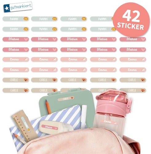 Gutmarkiert Mini Namensaufkleber für Kinder - personalisierbar mit Namen | Wasserfest - mit Symbol - Format 38x6mm - 42 Stück - für Kita - Schule und Kindergarten - für Jungen und Mädchen - Farbe