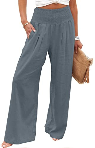 EMATOP Leinenhose Damen Sommer Leichte Weite Hose Lange Boho Sommerhose Hohe Taille Elegant Stoffhose Casual Einfarbig Freizeithose Baumwolle Leinen Palazzo Hosen mit Taschen Sporthose Frauen