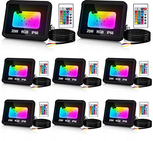 Cecaylie Foco LED RGB para exteriores, 8pcs 20 W Proyector RGB Exterior con mando a distancia, regulable, 16 colores 4 modos IP66, resistente al agua, función de memoria para Terraza