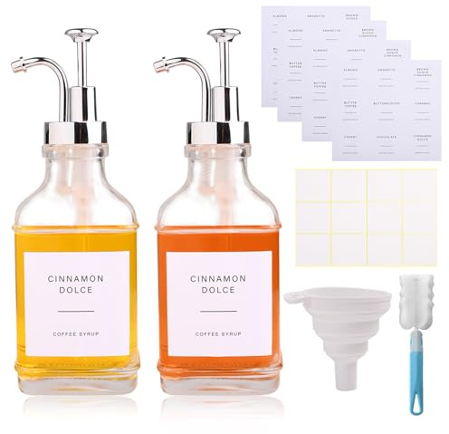 Kqpoinw Sirup Spender Essig und Ölflaschen Set, 2 x 500ml Kaffeesirup Glas, Kaffee Sirup Pumpspender Set mit Ausgießer für Küche Coffee Bar, Öl und Essigspender mit 48 Aufkleber und Trichter