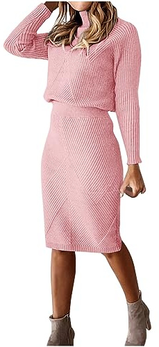 NUSGEAR Conjunto Dos Piezas Mujer Jersey de tejido punto y Faldas otoño invierno Elegante Traje Cuello alto Suéter Cómodo Casual Conjunto Pijama cálido Moda Color sólido 2024