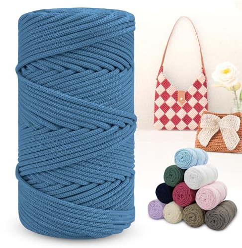 LEREATI Polyester Garn 150m Makramee Garn 4mm Geflochten Polyester-Seil Farbig Häkelgarn, Macrame Cord 4mm für Häkeltasche Umhängetasche Handtasche Geschenk Strickwaren (Dunkles Himmelblau)