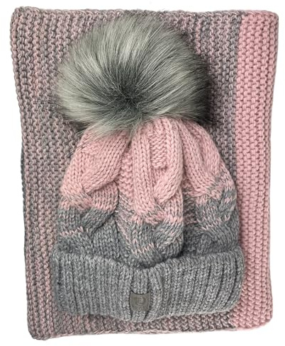 kennydoo Mütze & Schal Set achti I 2 teilig I Damen Kombi - Beanie mit großem Bommel und Loop I kuschelig gestrickt (rosa/grau)