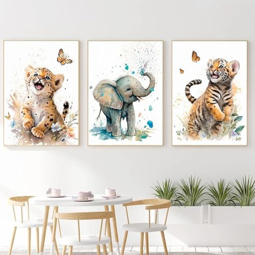 Generisch 3er Set Aquarell Tiere Afrika Safari Poster Elefant Löwe Tiger Schmetterling Kinderzimmer Babyzimmer Wandposter Blau Beige 30x40 cm Ungerahmt