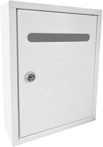 Buzón Clásico de Pared Correo, Buzón de Exterior de Metálico con Cerradura y Llaves, Buzón de Gran Capacidad para Cartas, Fácil de Instalar (26x20x7.5cm, Blanco)