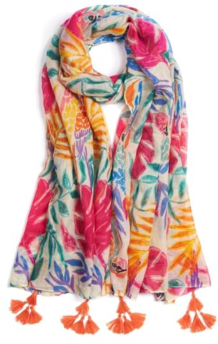 QIUTIMIY Schals für Damen Dünn Blumenmuster Bunte Schals und Tücher Halstuch mit Quasten für Frühling Sommerschal(Blätter-Orange Pink)