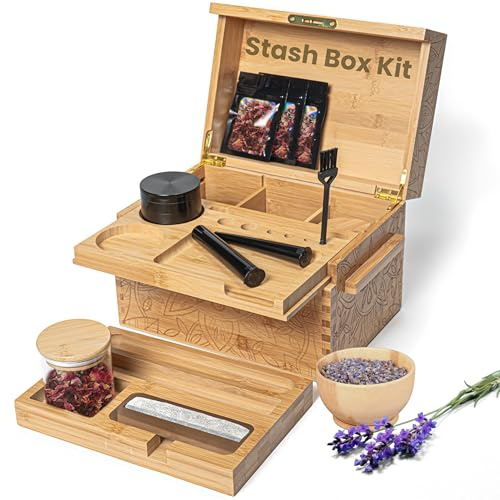Stash Box With Combo Lock & Accessories Set - Lockable Wooden Stashbox, Storage & Rolling Trays, Grinding Tool, Airtight Glass Jars, Large Bamboo Wood Storage Box Decorative Organizer Stash Box Kit
