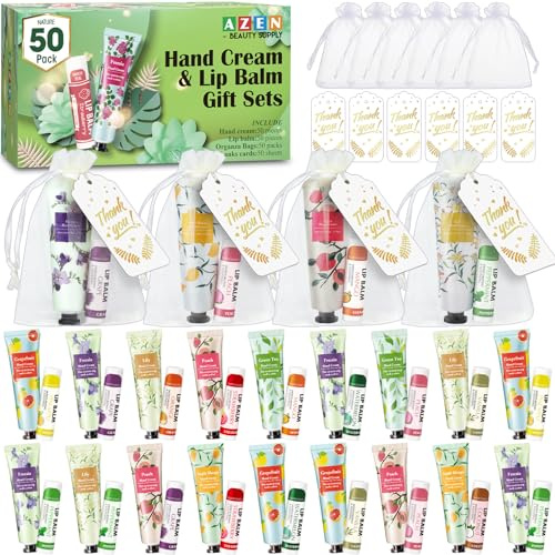 AZEN 50 Sets Hand Cream and Lip Balm Set with Organza Bag, Thank You Card, Bridal Souvenirs for Colleagues and Employees, Party Favors for Female Friends