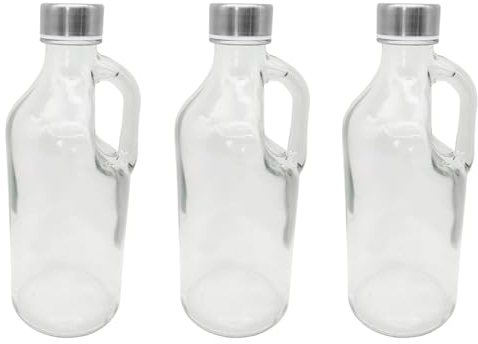 Acan Tradineur - Pack de 3 botellas de cristal con asa 1000 ml, tapa de rosca de plástico y metal, jarra dispensadora 24,7 x 9,5 cm para agua fría o caliente, bebidas, té helado