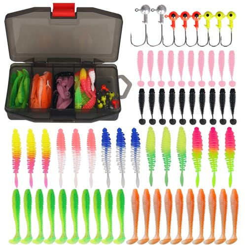 64 Stück Gummifische Angelköder mit Jigkopf, Gummiköder Angel Köder Sets für Forelle Zander Hecht & Barsch, Kunstköder Forellenköder für Süß und Salzwasser, Angelgeschenke für Männer (A)