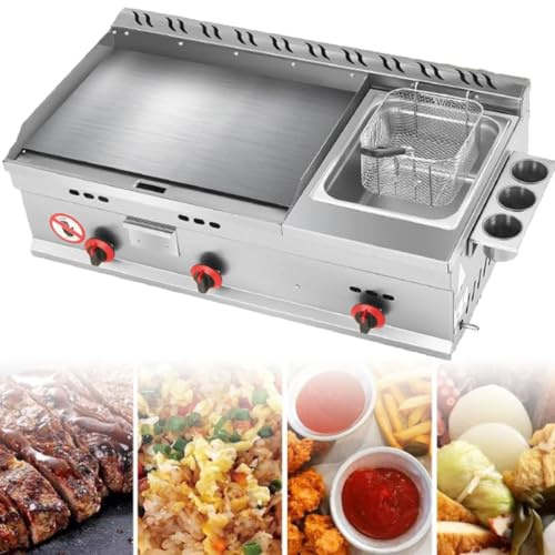 Commercial Desktop Gas Griddle, Commercial Countertop Stainless Steel Griddle Cooking BBQ Flat Hot Plate, Rapid/Uniform Heating, Dual Control for BBQ Cooking Steak, Eggs, Pancakes