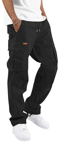 TARAINYA Pantalon Cargo Homme en Coton Souple avec Cordon de Taille et Poches Utilitaires S-3XL A Noir L