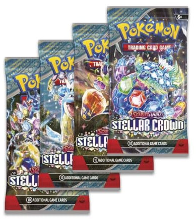 Pokémon TCG Stellar Crown Booster Packs x4 – Official Scarlet & Violet Cards | Gift for Kids, Collectors and Pokémon Fans | Chance for EX, Ultra Rare and Gold Cards | Titan Authenticated