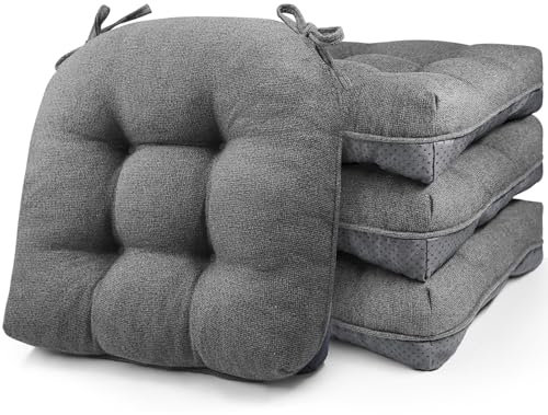 widesmile Chair Cushions for Dinning Chairs, Set of 4 Memory Foam Kitchen Chair Cushion with Ties and Non Slip Backing, Tufted Chair Cushions for Dining Room, 40cm x 40cm x 10cm Grey