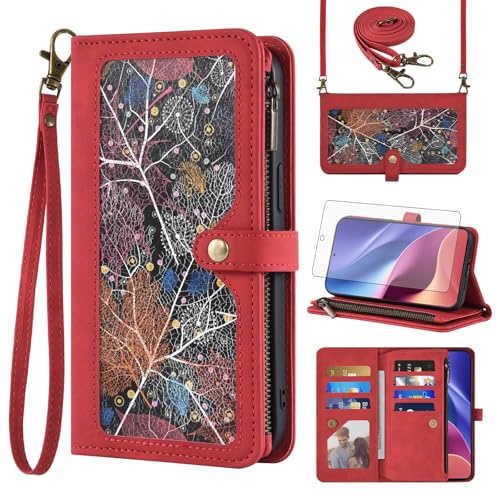 Asuwish Funda para Xiaomi Poco F3/Mi 11i 5G, funda con cinta protectora de pantalla, tarjetero, plegable, piel, monedero, soporte Mi11i/11X Pro/Redmi K40 Plus, funda para teléfono móvil, color rojo