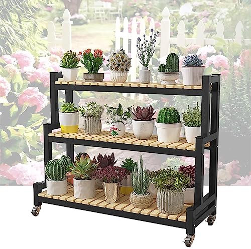 AKNGFO Pflanzen-Präsentationsregal, Pflanzen-Präsentationsregal, 2-stufiges 3-stufiges Leiterregal, Blumenständer auf Rollen mit Bremse, Indoor-Outdoor-Gartentopf-Präsentationsregal,