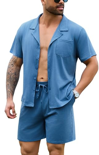 Irdcomps Pyjama Homme Coton Court Ete Ensemble de Pyjamas été Vêtements De Nuit Vêtements de détente à Manches Short Pyjama Loungewear 2 Pièces Confortable Doux 25#Bleu M