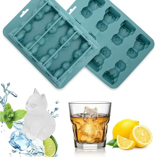 Eiswürfelform Silikonform Katze Eiswürfelform Silikon 3D Kätzchen Eiswürfelformen 8-Fach Eiswürfel Form für Gin Whisky, Scotch, Cocktail und Likörgläser, Backform, Gelee, Mousse Cake, Saft (Blau)