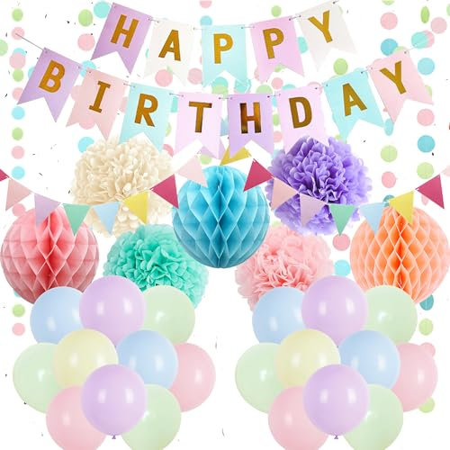 Pastel Birthday Party Decorations Girl - 55 Pieces Happy Birthday Balloon Banner Garland Set, Tissue Paper Pom Poms Honeycomb Ball Triangle Bunting Colorful for Women