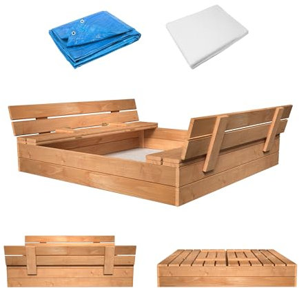 MAMOI Sandkasten mit Deckel 120x120 Sandbox Imprägniert Sandkiste mit Sitzbänken Holz Spielzeug Abdeckung Sitzbänken 150x150
