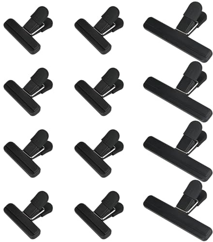 12 Stück Lebensmittel-Clips, Lebensmittelaufbewahrungsbeute, 2 Größen, wiederverwendbare Clips, Gefrierbeutel für Zuhause, Küche, Büro, Camping, Snacks, Kaffee (Schwarz)