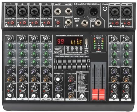 KJUEQ Mezclador De Sonido De 6 Canales 99 Mesa De Mezcla De Efectos EQ Consola Mezcladora De Audio Escritorio USB Play Record 48V DJ Controlador