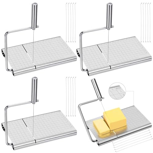 Lanties 4 Pack Cheese Slicer Stainless Steel Wire Cheese Cutter with 24 Pcs Replacement Wires Measuring Grid Adjustable Metal Butter Cutter and Cutting Board for Block Cheeses, Cakes, Dishwasher Safe