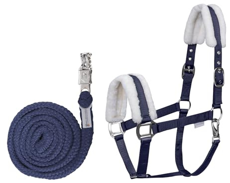 WALDHAUSEN Halfter Set First Warmblut - Nachtblau - Weiß - Flauschiges Pferdehalfter mit weicher Synthetik-Fellpolsterung & Anbindestrick mit Panikhaken - verstellbar, robust & komfortabel