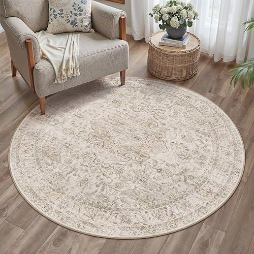 HUGEAR Vintage Waschbarer Beige Teppich Rund 150cm Runder Wohnzimmer Schlafzimmer Rutschfester Tepich Kurzflor Schlafzimmer Carpet Living Room Bedroom Esszimmer Teppiche Büro