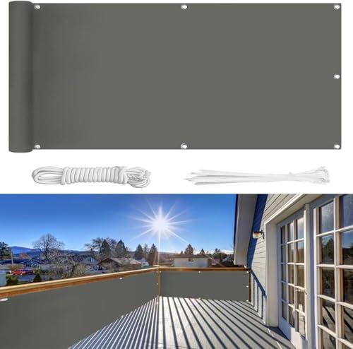 Balkon Sichtschutz 50 X 100 cm Kein Bohren 100% Sichtschutz Blickdichte Balkonverkleidung Windschutz Uv-Schutz Gartenzaun Schwimmbadschutz Mit Ösen, Gray, 95×1500