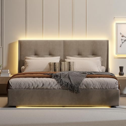 HYNHXBP Bagagesäng 160 x 200 cm med justerbar LED-belysning, vadderad dubbelsäng, med förvaring och sänggavel, för vuxna och tonåringar, flanell, beige