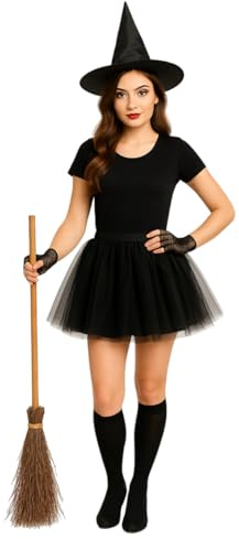 labreeze Women’s Witch Costume Accessories Set – Black Pointed Hat, Wooden-Style Broomstick, 3-Layer Tutu Skirt, Fishnet Gloves & OTK Socks – Halloween Fancy Dress