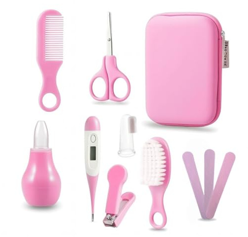BATHBY Kit de Cuidado e Higiene para Bebé | Estuche Portátil con Cepillo y Peine, Tijeras, Lima, Cortaúñas, Termómetro Digital, Aspirador Nasal y Protector de Chupete (Rosa)