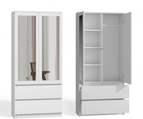 CDF Kleiderschrank 90 cm Breit Kinderkleiderschrank 2-türiger Allzweckschrank Mit Spiegel 2 Schubladen 4 Regalen 1 Kleiderstange Schlafzimmer Laminierte Platte 16mm Mehrzweckschrank Weiß