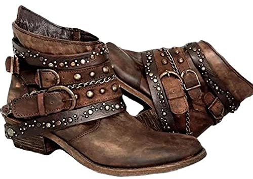 HAOLEI Botas Cowboy de Mujer,Botines Mujer Vintage de Piel con Tachuelas y Hebillas Moda Versátil Botas Caña Corta de Puntera Redonda con Tacón Cuadrado Elegante Práctica Botines Vaquero