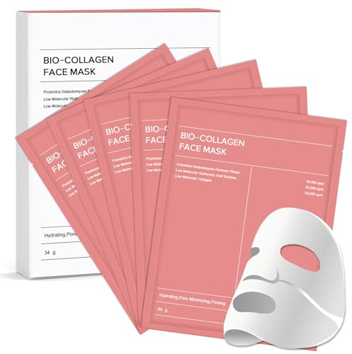 Bio Collagen Face Mask, Overnight Hydrogel Masks, Real Deep Collagen Mask for Glass Skin, Pore Minimizing, Elasticity Improvement, 5PCS
