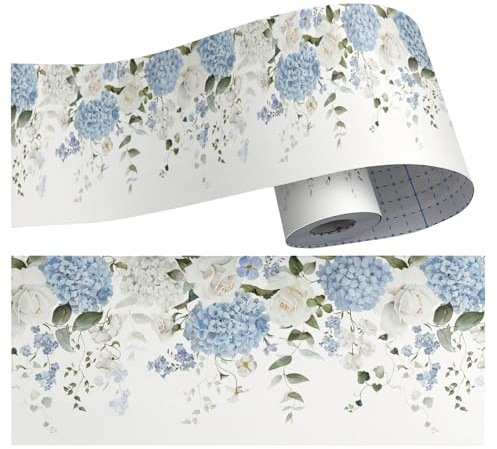 4x393 Modern White Rose Flower Blue Hydrangea Floral Wallpaper Border Peel and Stick Wall Border Self Adhesive Removable Vinyl Trim for Holiday Kids Nursery Cabinet Decoration