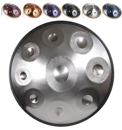 432hz 440Hz Handpan Steel Drum 9/10/12 Töne 56cm D-Moll-Handtrommel, Drum-Instrument Mit Schlägeln, Handpan-Ständer & Tragetasche, für Erwachsene & Anfänger(Silber,432HZ/9Hinweis)