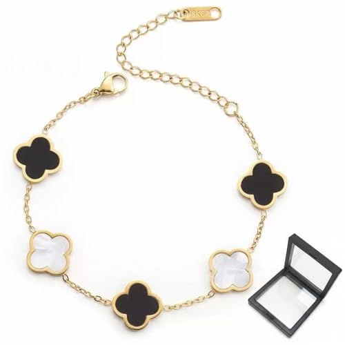 18K Goldplattiertes Vierblättriges Kleeblatt Armband, Edelstahl Zweiseitig Vierblättriges Schmuck Luxuriöses Glücksarmband, Valentinstag Muttertag Weihnachten Geschenk für Damen (Schwarzweiß)