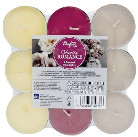 LED Universum - Juego de 9 velas de té aromáticas maxi | Velas | Vanilla Romance | Tiempo de combustión aprox. 8 horas | Decoración de mesa para bodas, Navidad, festivales, fiestas