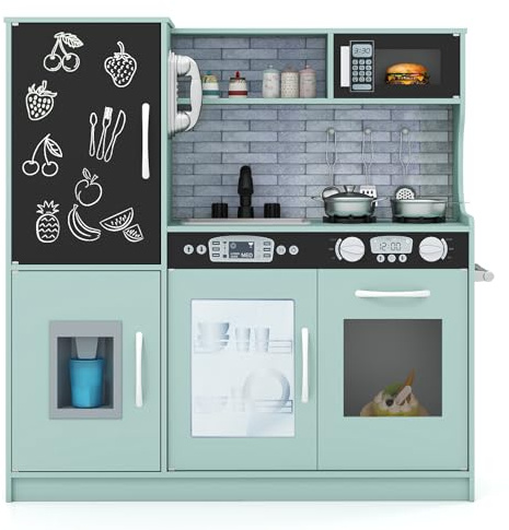 COSTWAY Cuisine Enfants en Bois avec Tableau Noir & Téléphone, Jeu de Cuisine Enfants avec Micro-Ondes & Machine de Glaçons, Jeu d’Imitation pour Enfants de 3-6 Ans, 82 x 24 x 80 cm (Vert)
