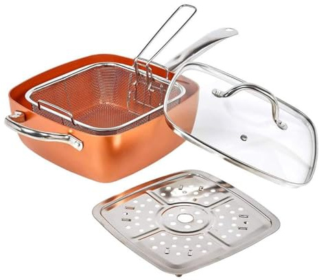 Jolliman Square Frying Pan with Lid, Fry Basket & Steam Rack Ultra Nonstick Copper Coating Stir-Fry Pan with Induction Base, Deep Square Pan for Frying, Steaming & Sautéing