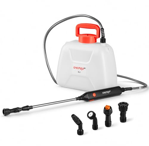 Pulverizador a Batería Dnipro-M 5Li, de 5 L, con Presión 3,1 Bar, USB-C | Presión de trabajo de 3,1 bar │ Lanza telescópica de acero de 34 a 56 cm │ Control de flujo, 4 boquillas incluidas