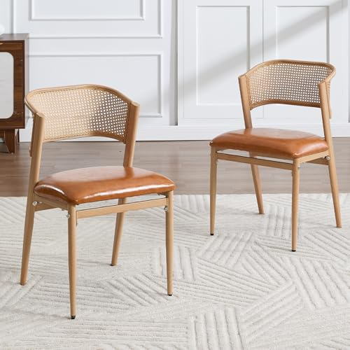 chairus Esszimmerstühle 2er Set Rattan Küchenstühle gepolstert Akzentstühle mit Metallbeinen Kunstleder Polsterstuhl für Küche Wohnzimmer, Gelb