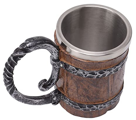 KIMISS Chope à Bière Viking avec Poignée – Chope Médiévale à Double Paroi en Acier Inoxydable 304, Design Imitation Bois pour Bar, Restaurant et Décoration d'intérieur