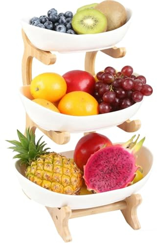 Ruikcoll Frutero , estante de madera de tres niveles | Incluye dos abridores de naranjas y un pelador de naranjas, ideales para guardar aperitivos, frutas y verduras (cerámica)