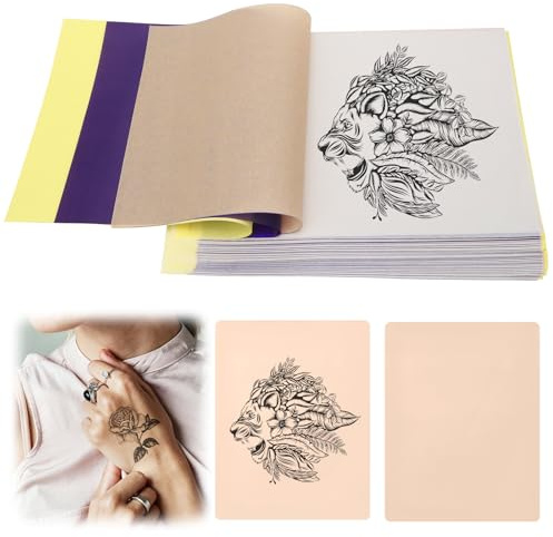 50 Blatt Tattoo Transferpapier A4, 4-lagiges Stencil Papier für Präzise Übertragungen – mit 2x Übungshaut für Anfänger & Profis – Kohlepapier, Blaupapier, Tattoo Zubehör
